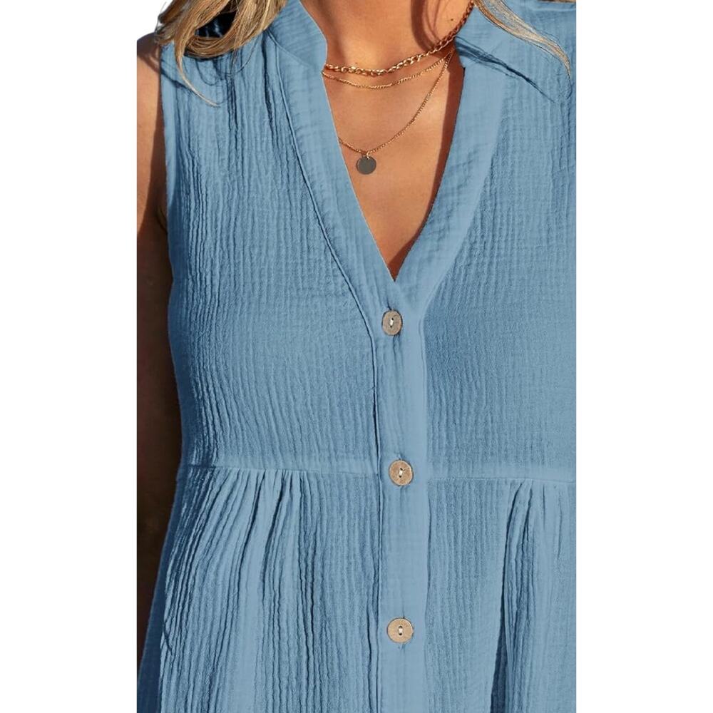 New Sleeveless Ruffled Hem Blue Mini Notched neckline & button top flat collar - Picture 4 of 8